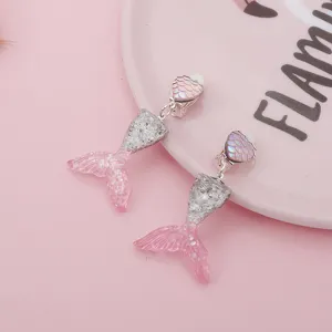 Glitter resin mermaid tail clip earrings for girls, sparkling princess style kids jewelry.