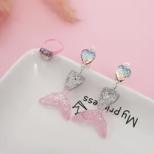Cute children mermaid tail clip earrings and matching ring set resin princess jewelry gift