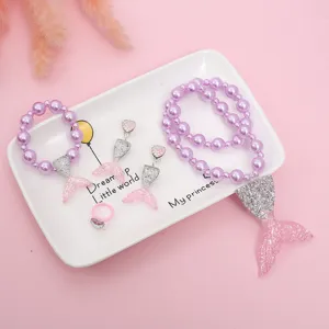 Childrens pink mermaid tail necklace bracelet earrings ring set cute resin jewelry gift