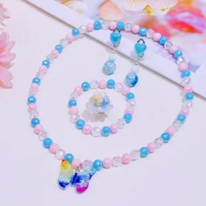 Children jewelry set necklace bracelet earrings ring cute butterfly peach heart crystal beads