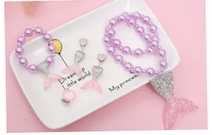 Children mermaid tail jewelry set for girls necklace bracelet earrings resin style