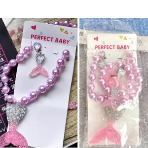 Children mermaid tail necklace bracelet earrings ring set, cute pink resin jewelry gift.