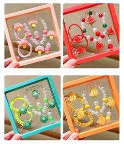 Kids fruit pearl bracelet hair tie set cute cartoon design birthday gift box for girls