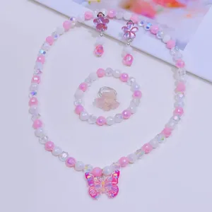 Children pink butterfly bead necklace bracelet earrings ring jewelry set detail view