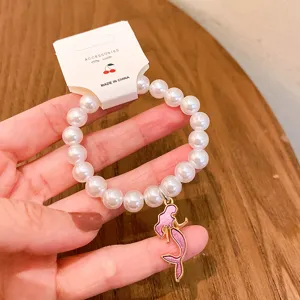 Pearl bead bracelet with pink mermaid pendant sweet student fashion jewelry accessories cute girl