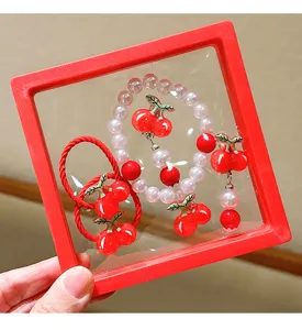 Kids fruit pearl bracelet set and cherry hair ties lovely gift box accessory for girls.