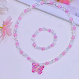 Details of pink beaded necklace and bracelet set featuring a cute butterfly pendant for kids.