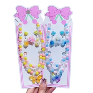 Children necklace set colorful bead butterfly jewelry pendant earrings ring 5-piece set