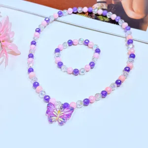Children pink purple beaded necklace bracelet set with cute butterfly pendant for girls jewelry