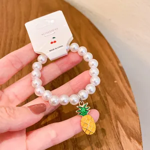 Cute pearl beaded bracelet with enamel pineapple charm sweet style aesthetic jewelry for women.