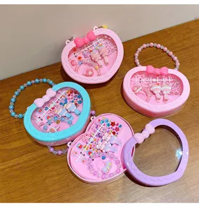 Kids heart shaped transparent box hair clip bracelet ring cute toy set gift for girls.