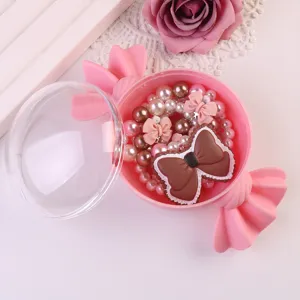 Cute kids candy shaped jewelry box set with pearl necklace and bow accessories for girls.