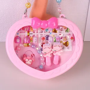 Cute kids pink heart handbag hair clips bracelet ring fake nail gift set toy for girls