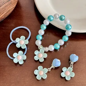 Kids cute floral pearl bracelet set blue hair ties clip-on earrings sweet gift set