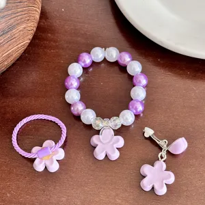Children flower pearl bracelet set cute purple beaded accessories for girls birthday gift