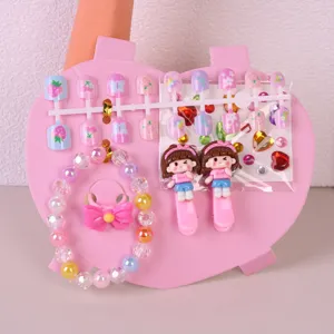 Children's cute hair clips bracelet rings fake nails set sweet little girls jewelry gift box