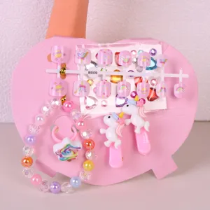 Children hair clips, false nails, beaded bracelet and ring set for girls party gift.