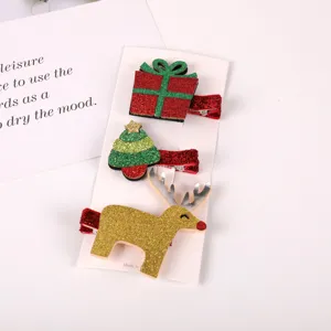 Christmas children cute holiday hair clips set, glitter gift tree reindeer duckbill accessories