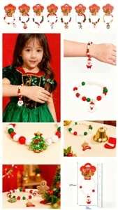 Details of Christmas children bracelet with cute Santa pendants and colorful pearl beads.