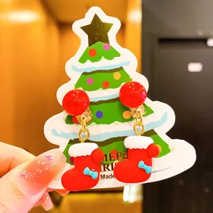 Christmas children clip earrings cute red stocking holiday gift accessories for girls