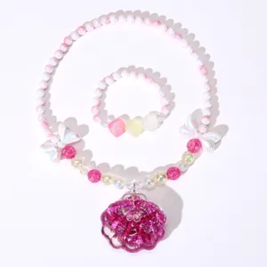 Girls ocean style pearl necklace bracelet set with glitter seashell pendant children jewelry