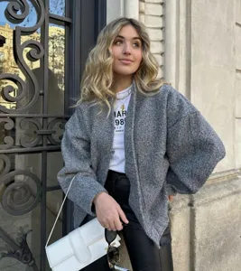 Details of the oversized grey casual coat, street style stand collar outerwear for women.