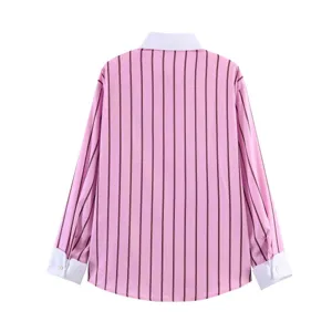 Casual pink and white striped long sleeve shirt featuring a contrast white turn-down collar.