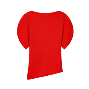Close-up detail of the vibrant red women's top featuring a stylish balloon sleeve.