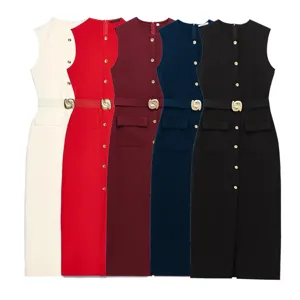 Sleeveless midi dress with chic gold buttons and belt, elegant round neck design for women.