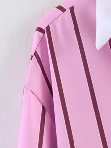 Pink striped turn-down collar long sleeve shirt detail view for women fashion wear.