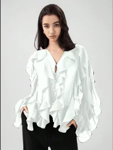 Details of the stylish womens white V-neck layered ruffle long sleeve shirt top.