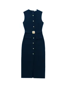 Detailed view of the dark blue sleeveless midi dress with gold buttons and belt buckle.