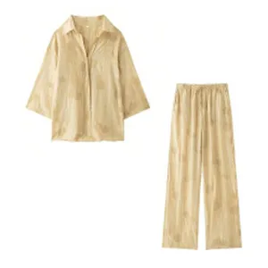 Ensemble chemise à revers et pantalon ample décontracté d'été pour femme, beige variant