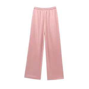 Pantalón ancho plisado rosa arrugado detalle, moda mujer casual textura suave elegante
