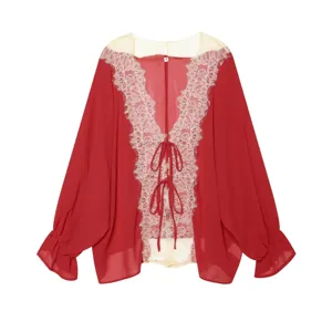 Red lace patchwork chiffon cardigan detail, V-neck long sleeve tie front women summer top.
