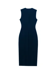 Back view detail of a solid navy blue sleeveless midi dress with a sleek slim fit silhouette.