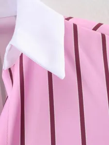 Close-up detail of women's pink striped lapel long sleeve shirt collar and fabric texture.