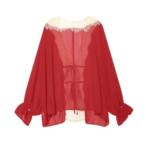 Women Summer French Lace Patchwork Chiffon Cardigan V-Neck Long Sleeve Sun Protection Shirt