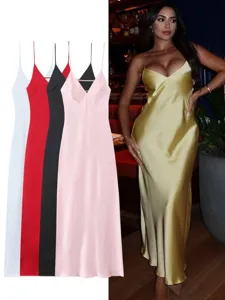 Femme robe nuisette satin dos nu sexy printemps mode col V bretelles spaghetti longue robe