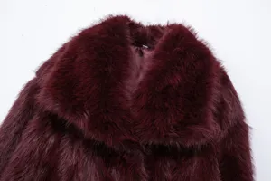 Burgundy faux fur jacket detail, stylish plush lapel winter casual coat for women.