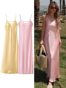 Robe longue satinée sexy pour femme col V bretelles spaghetti élégante robe de soirée