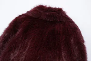 Burgundy faux fur jacket detail winter warm fluffy lapel collar coat for women apparel