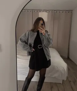 Oversized grey casual stand-up collar jacket, stylish Y2K streetwear apparel for women.