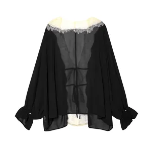 Detailed view of women black sheer chiffon cardigan with white lace collar and tie front.