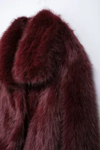 Burgundy faux fur coat with lapel collar, soft winter casual plush jacket for women.