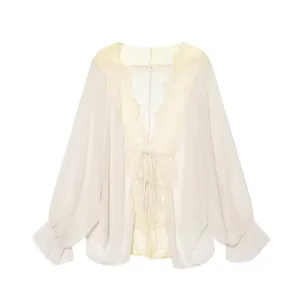 Beige chiffon lace cardigan, V-neck, long sleeves, elegant summer sun protection shirt.