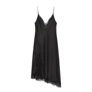 Black satin lace slip dress with V-neck and asymmetrical hem, elegant autumn women wear.