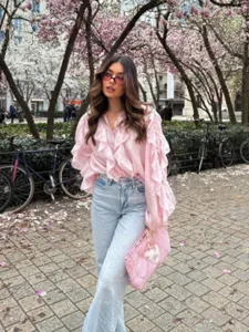 Women pink V-neck long sleeve ruffle blouse spring summer casual chic top apparel