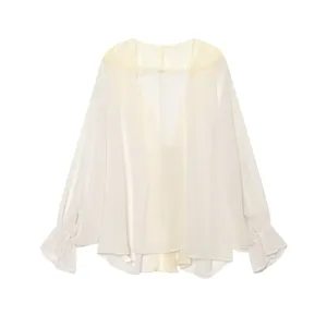 French lace spliced chiffon cardigan V-neck long sleeve sun protection shirt for women summer detail view