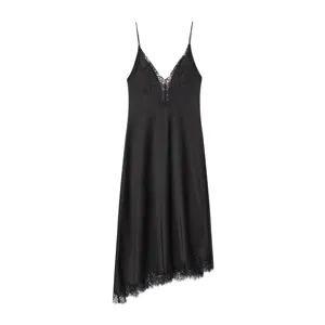 Detailed view of black satin slip dress with exquisite lace trim on v-neck and hem.